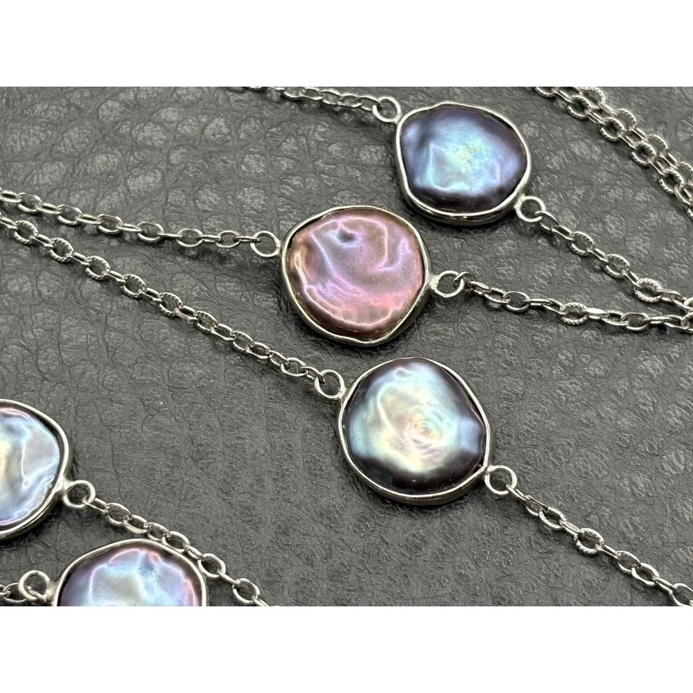 Sterling Silver Iridescent Peacock Coin Pearl Station Necklace 35